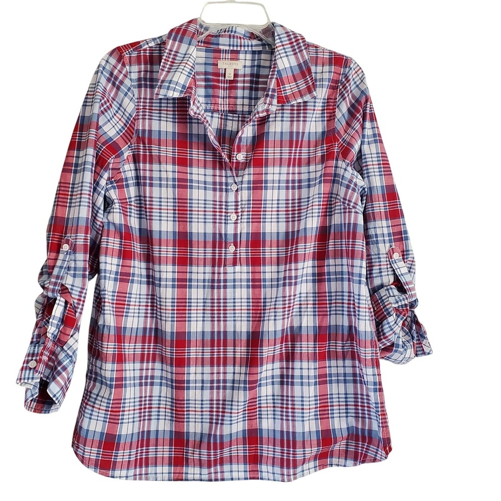 Talbots‎ Blouse Womens Medium Red Blue Plaid Roll Tab Sleeve Cotton Top